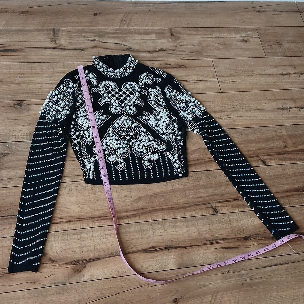 Banjul Black Beaded Long-Sleeve Crop Sheer Cocktail Mock Neck Top. Size M - Picture 17 of 17